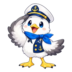 船長帽で敬礼するカモメ